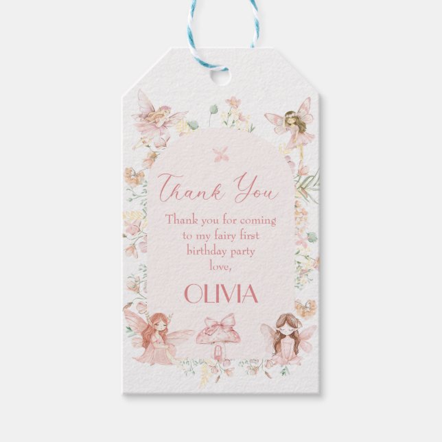 Whimsical Pink Fairy First Birthday Gift Tag (Front)