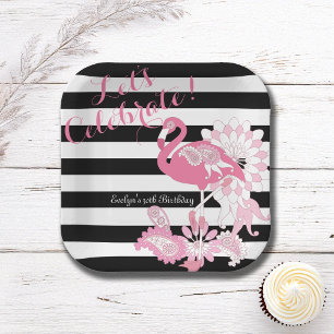 Whimsical Pink Flamingo Black and White Striped Paper Plate