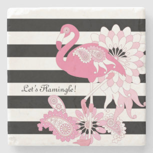 Whimsical Pink Flamingo Black and White Striped Stone Coaster