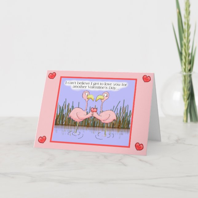 Whimsical Pink Flamingo Happy Valentine's Day Card (Front)