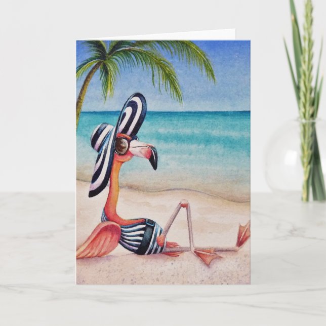 Whimsical Pink Flamingo No. 1 Watercolor Art Card (Front)