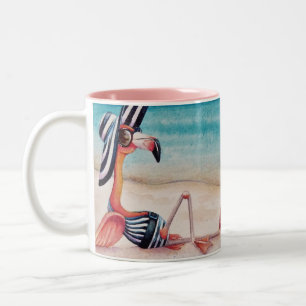 Whimsical Pink Flamingo No. 1 Watercolor Art Two-Tone Coffee Mug