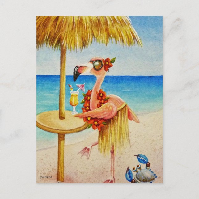 Whimsical Pink Flamingo No. 4 Watercolor Art Postcard (Front)