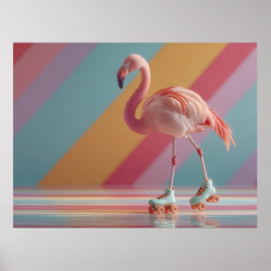 Whimsical Pink Flamingo on Roller Skates Poster