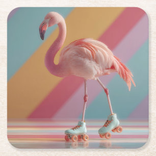 Whimsical Pink Flamingo on Roller Skates Square Paper Coaster