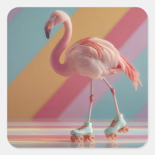 Whimsical Pink Flamingo on Roller Skates Square Sticker