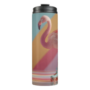 Whimsical Pink Flamingo on Roller Skates Thermal Tumbler