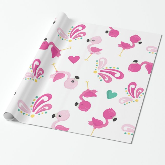 Whimsical Pink Flamingo Pattern Wrapping Paper (Unrolled)