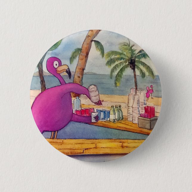 Whimsical Pink Flamingo Pours Party Drinks Beach 2 Inch Round Button (Front)