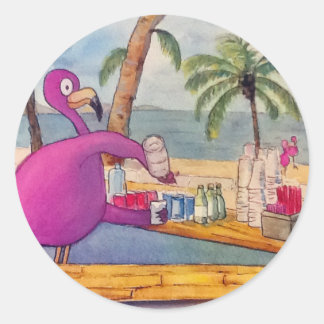 Whimsical Pink Flamingo Pours Party Drinks Beach Classic Round Sticker