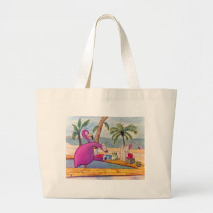 Whimsical Pink Flamingo Pours Party Drinks Beach Large Tote Bag