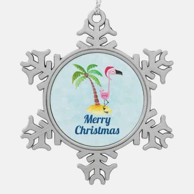 Whimsical Pink Flamingo Tropical Christmas Snowflake Pewter Christmas Ornament (Front)