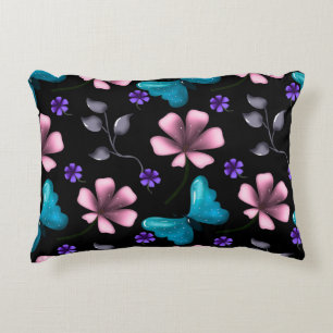 Whimsical Pink Floral and Blue Butterfly Seamless Accent Pillow
