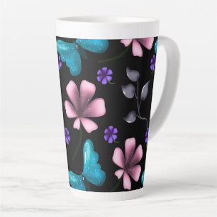 Whimsical Pink Floral and Blue Butterfly Seamless Latte Mug