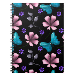Whimsical Pink Floral and Blue Butterfly Seamless  Notebook
