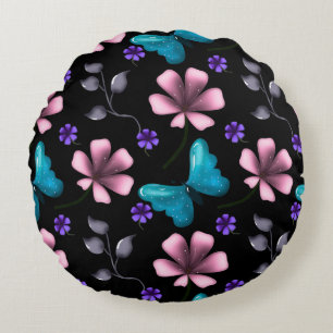 Whimsical Pink Floral and Blue Butterfly Seamless Round Pillow