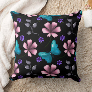 Whimsical Pink Floral and Blue Butterfly Seamless Throw Pillow