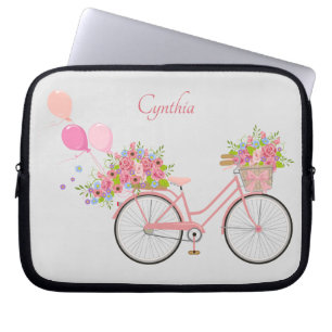 Whimsical Pink Floral Bike Personalized Laptop Sleeve