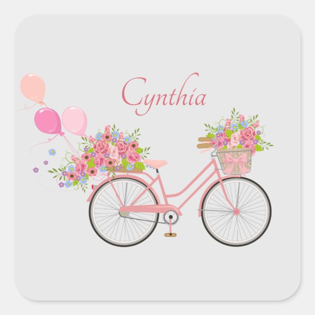 Whimsical Pink Floral Bike Personalized Square Sticker (Front)