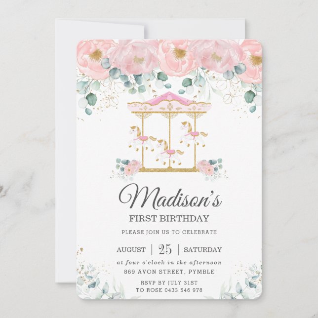 Whimsical Pink Floral Carousel 1st Birthday Party Invitation (Front)