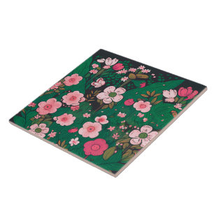 Whimsical Pink Floral Ceramic Tile
