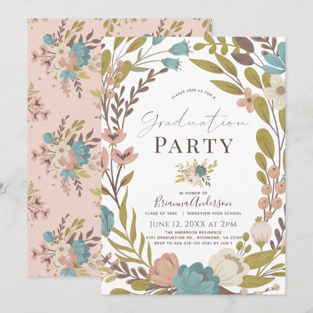 Whimsical Pink Floral Graduation Invitation (Front/Back)