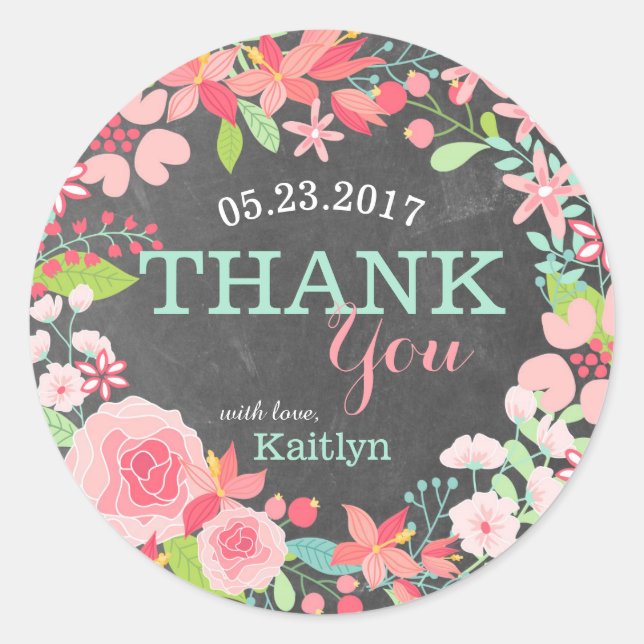 Whimsical Pink Floral Wreath Chalkboard Thank You Classic Round Sticker (Front)