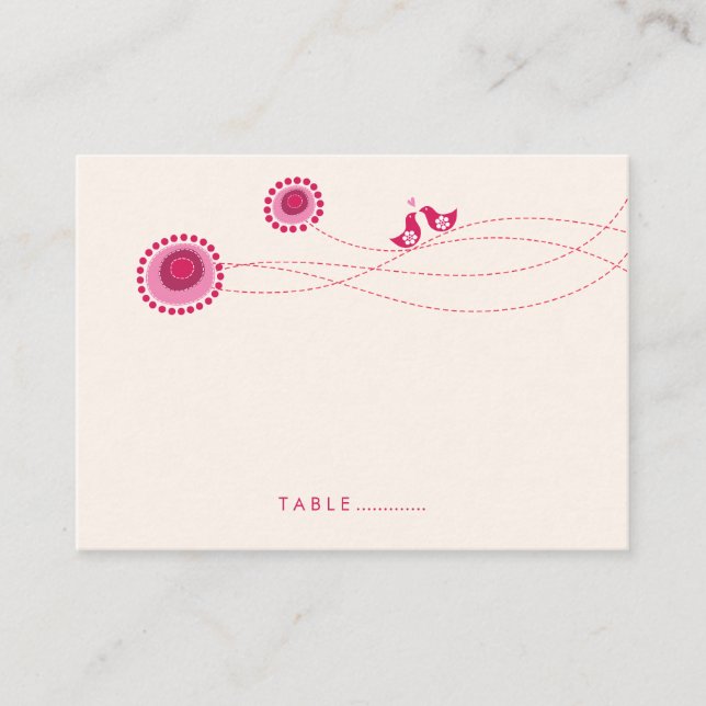 Whimsical Pink Flower Dots Love Birds Wedding Place Card (Front)