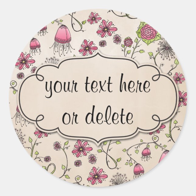 whimsical pink flowers on beige classic round sticker (Front)