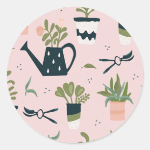 Whimsical Pink Gardening Printed Pattern Classic Round Sticker