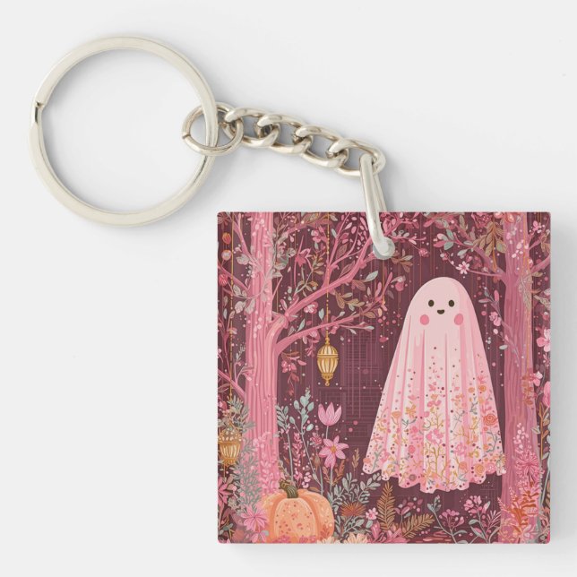 Whimsical Pink Ghost in Enchanted Floral Forest Keychain (Front)