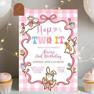 Whimsical Pink Gingham Bunny Hop TWO it 2nd Birthd Invitation
