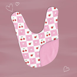 Whimsical Pink Gingham Cherry & Blossom Baby Bib
