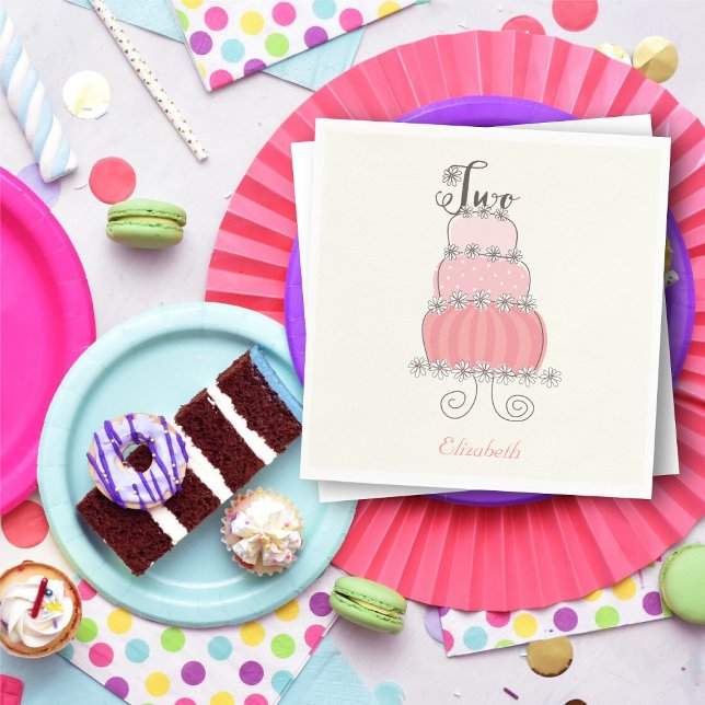 Whimsical Pink Girl 2nd Birthday Cake Kids Party Napkin (Whimsical Pink Girl 2nd Birthday Cake Kids Party Paper Napkins @ fat_fa_tin)