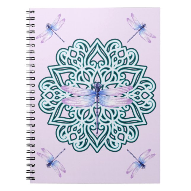Whimsical Pink Girly Mandala Dragonfly Notebook (Front)