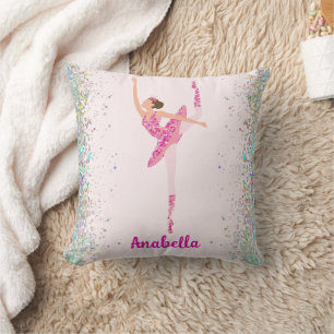 Whimsical Pink Glitter Ballerina Personalized Name Throw Pillow