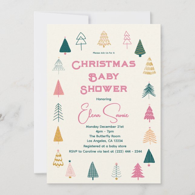 Whimsical Pink & Green Christmas Tree Baby Shower (Front)