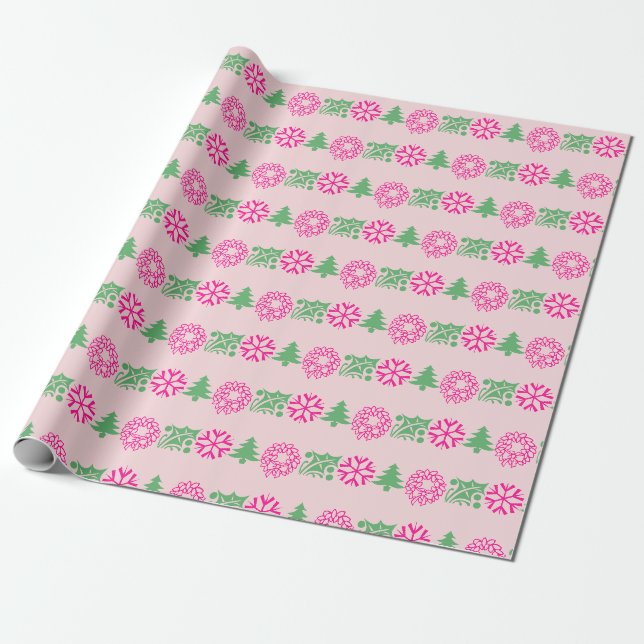 Whimsical Pink & Green Christmas Tree Holly Wreath Wrapping Paper (Unrolled)