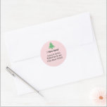 Whimsical Pink Green Christmas Tree I Have Moved Classic Round Sticker<br><div class="desc">You can personalize black text with your personalized message and name. At the top, you can customize the black script that says "I Have Moved". There's additional black display text that you can edit to show your name and return address. This pale pink sticker has a green Christmas tree above...</div>