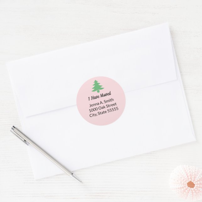 Whimsical Pink Green Christmas Tree I Have Moved Classic Round Sticker (Envelope)