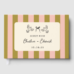 Whimsical Pink Green Striped Scribble Wedding Guest Book