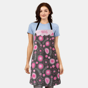 Whimsical pink grey hearts and flowers floral name apron