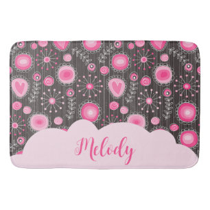 Whimsical pink grey hearts and flowers floral name bath mat