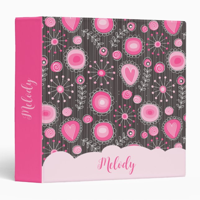 Whimsical pink grey hearts and flowers floral name binder (Front/Spine)