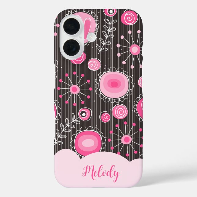 Whimsical pink grey hearts and flowers floral name Case-Mate iPhone case (Back)