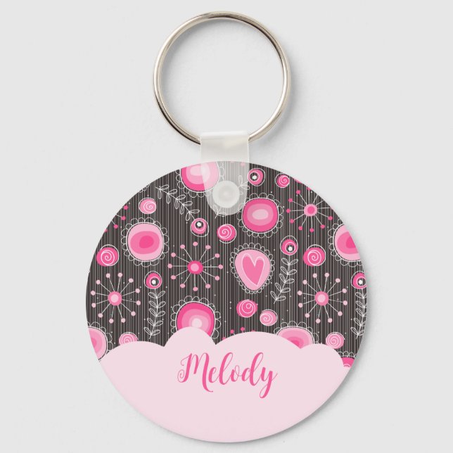 Whimsical pink grey hearts and flowers floral name keychain (Front)