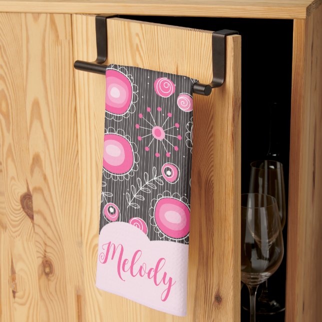 Whimsical pink grey hearts and flowers floral name kitchen towel (Thirds Fold)