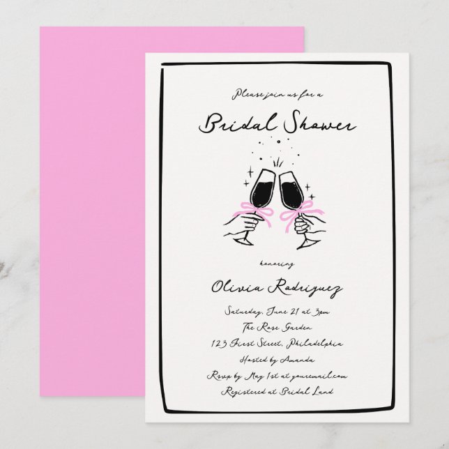 Whimsical Pink Hand Drawn Bow Glass Wedding Invitation (Front/Back)