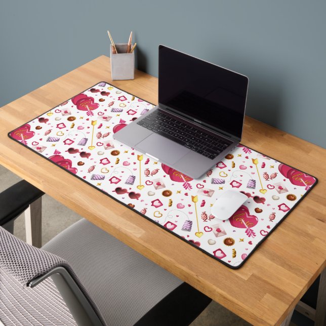 Whimsical Pink Heart & Candy Treats Pop Pattern Desk Mat (Office 2)