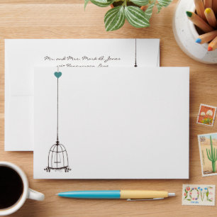 Whimsical Pink Heart Folksy Birdcage Envelope